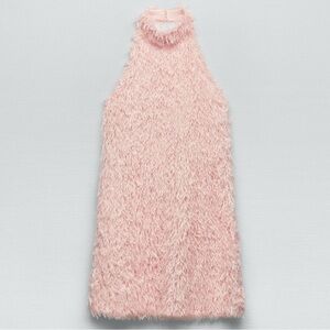 Zara FEATHERY KNIT HALTER DRESS Pink Size S New Without Tag